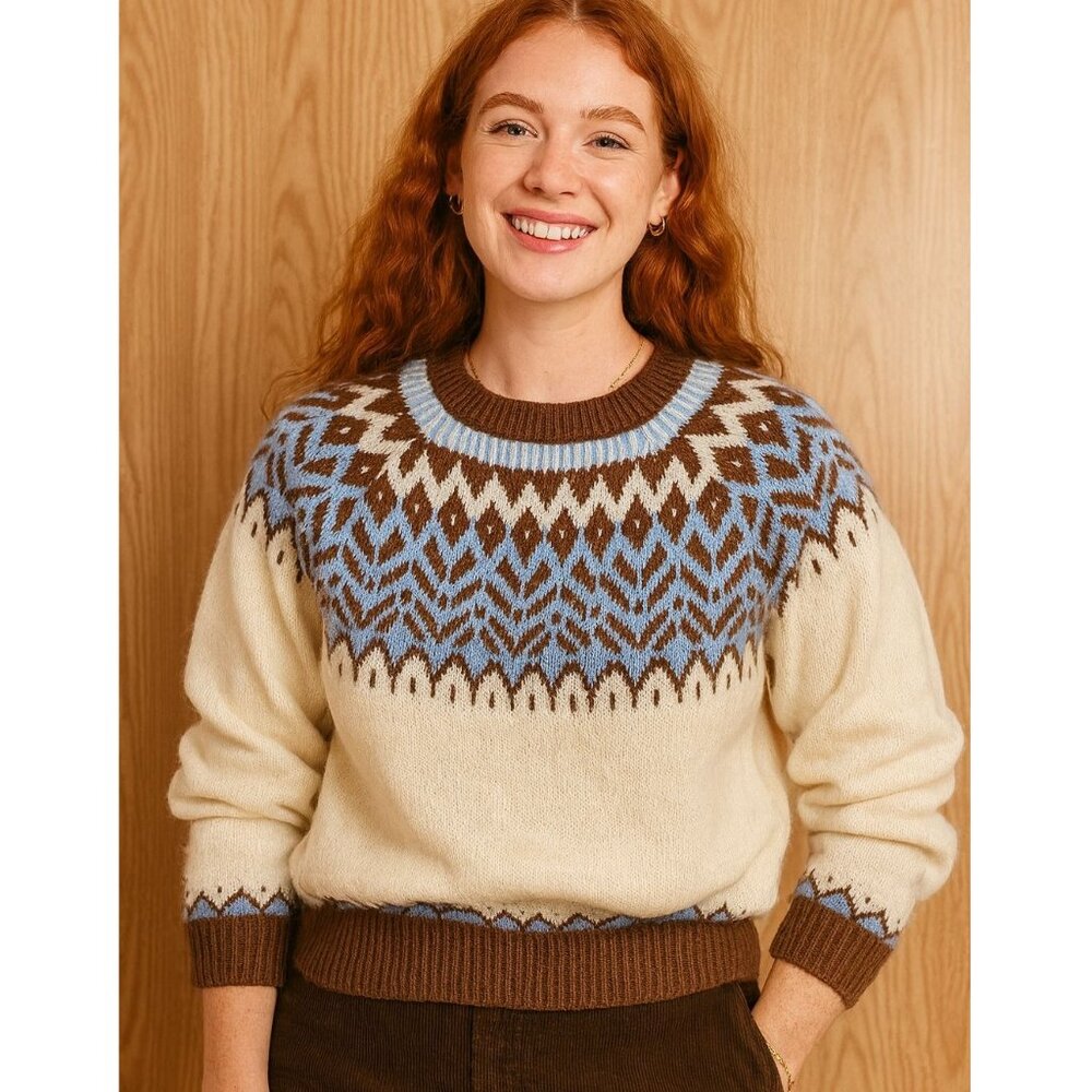 Retro Tribal Pattern Sweater Sz XL Brown Blue Cream Knit Pullover Vintage Style - Picture 1 of 11
